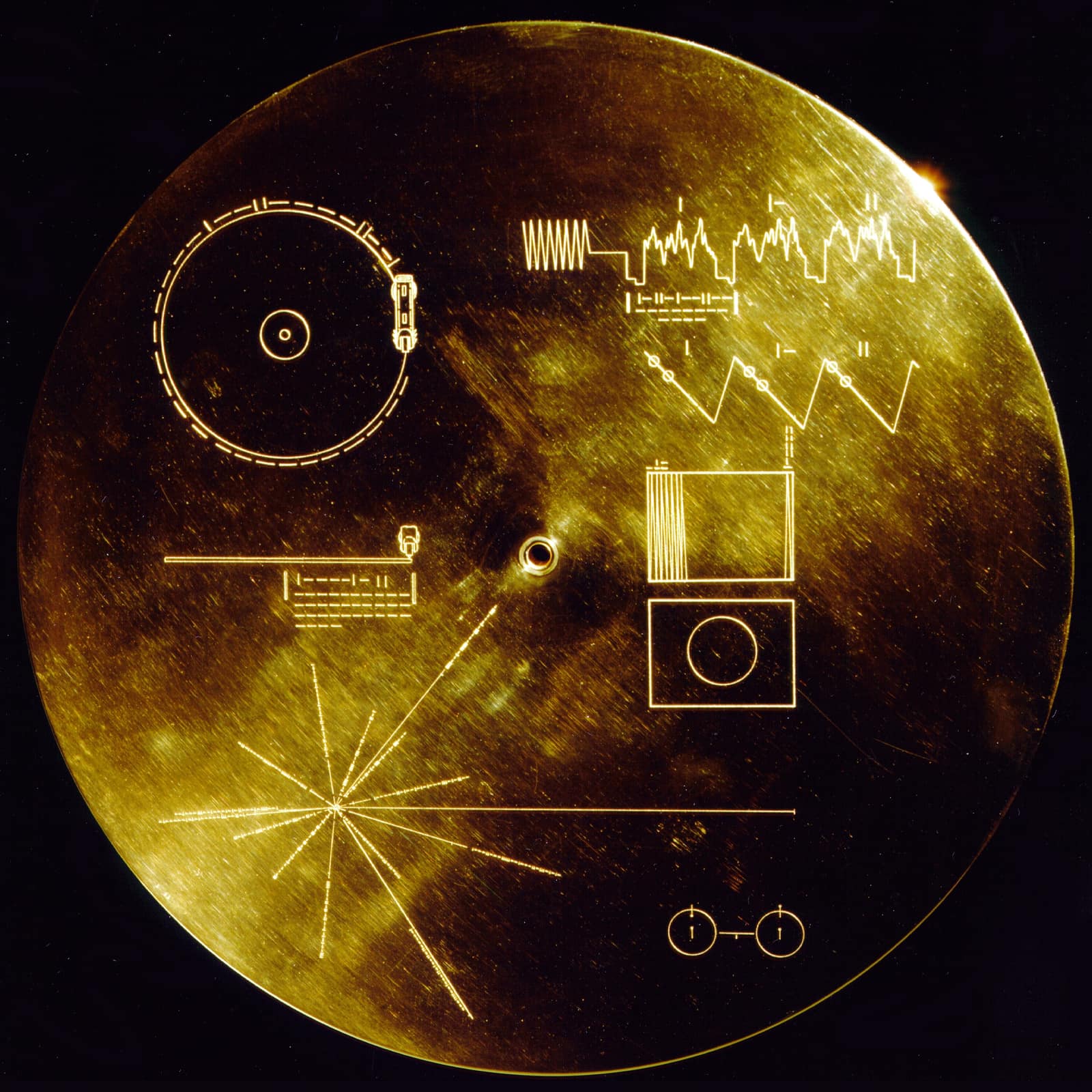 Un disque couleur or gravé de fins schémas au trait : un disque et sa pointe de lecture vus de dessus et de profil, des formes d'onde et un cadre indiquant comment reconstituer une image, une étoile de lignes cartographiant des pulsars, et deux petits cercles figurant l'atome d'hydrogène.