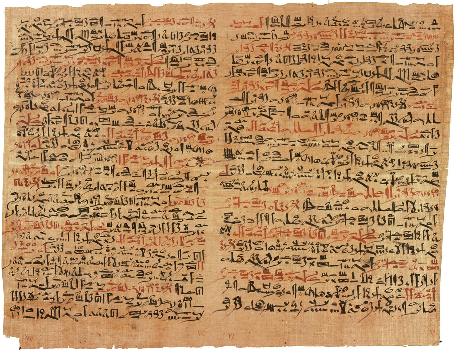 Two columns of a papyrus side by side on a pale, fibrous beige sheet, filled with dense lines of black cursive hieratic script read from right to left, with many phrases picked out in red ink; small roman numerals mark the columns at the foot.