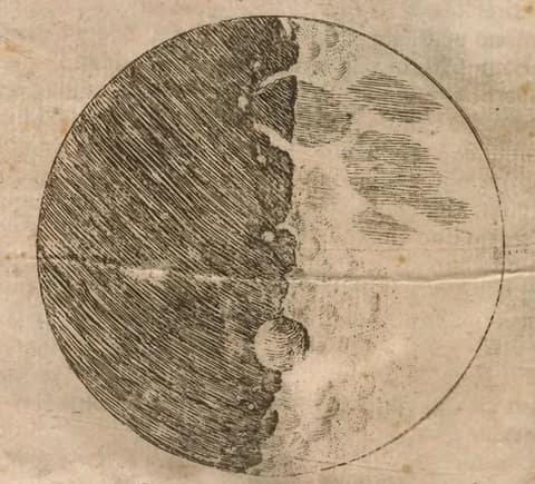 A circular etching of the Moon at half phase on aged, creased paper: the left half filled with dense dark hatching, the lit right half pale, and along the boundary between them a ragged line of bright spots and dark hollows where Galileo saw mountains and craters catching the sunlight.