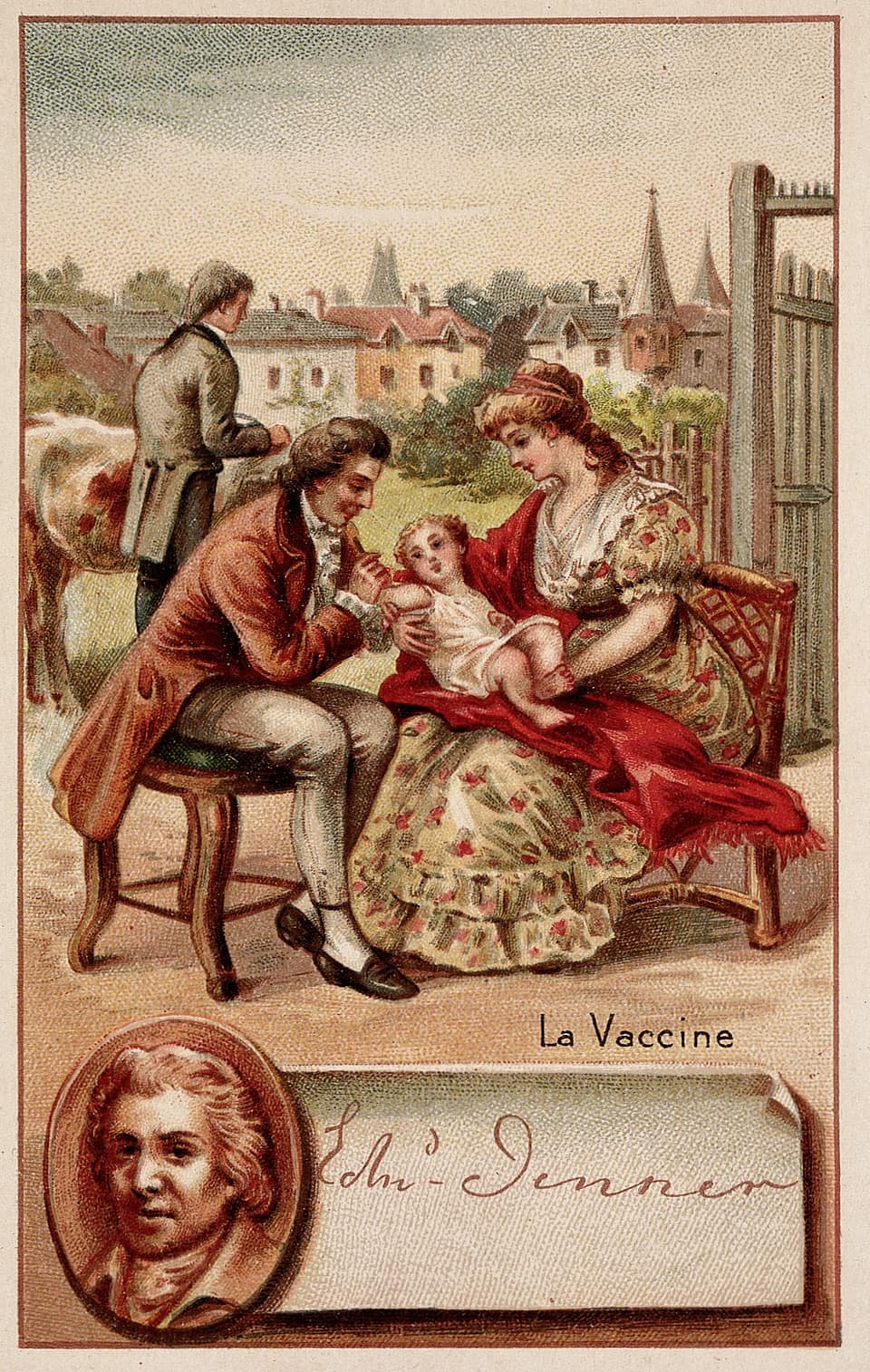 A coloured print titled La Vaccine: a man in an eighteenth century red coat, seated, pricks the arm of a baby held on the lap of a woman in a flowered dress, while behind them another man takes matter from a cow; below, a small oval portrait of Jenner and his signature.