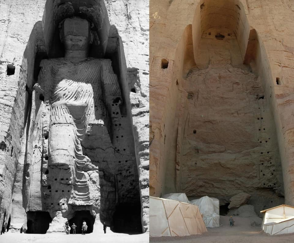 Two photographs side by side: on the left, in black and white, a giant standing Buddha carved into a pale cliff, its face cut away, its robe falling in folds, filling a tall arched niche, with tiny human figures at its feet; on the right, in colour, the same niche empty, its back wall bare and scarred, with pale structures at its foot.
