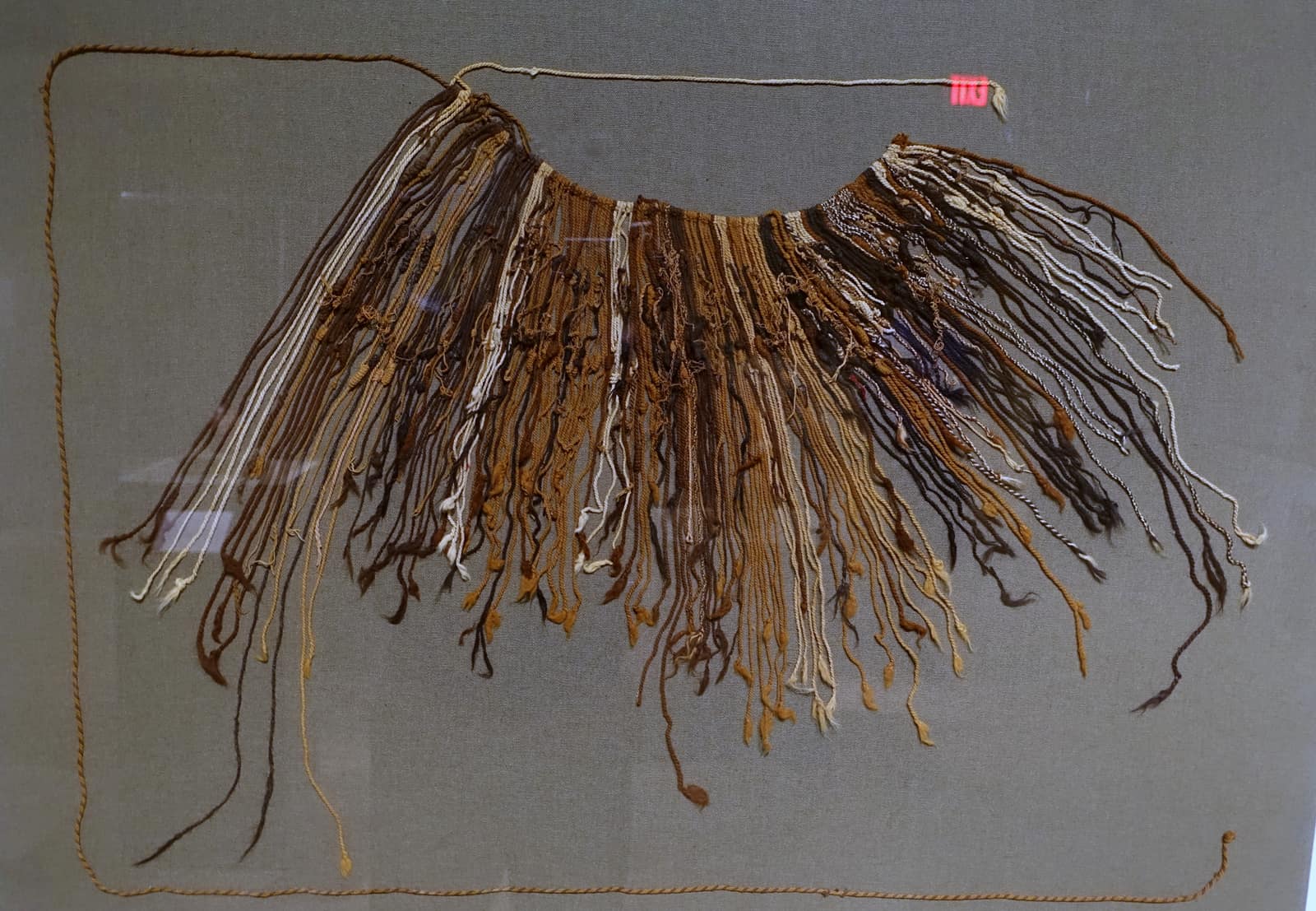 A khipu laid flat behind glass: from a curved main cord hang dozens of long cords in dark brown, tan and cream, some tied with small knots at different heights, a few carrying shorter cords attached to them; a single thin cord trails away in a wide loop around them.
