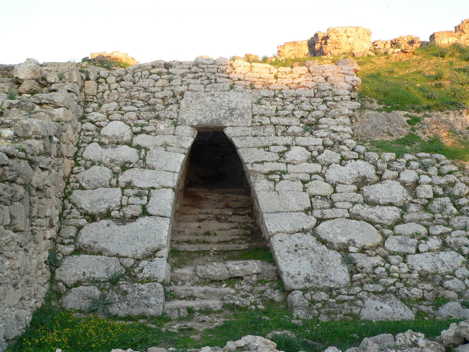 A narrow passage with a pointed, corbelled opening cuts through a thick wall of large pale limestone blocks; steps lead up into the darkness inside, grass and yellow flowers grow at its foot, and ruined walls stand on the grassy mound above under a pale sky.
