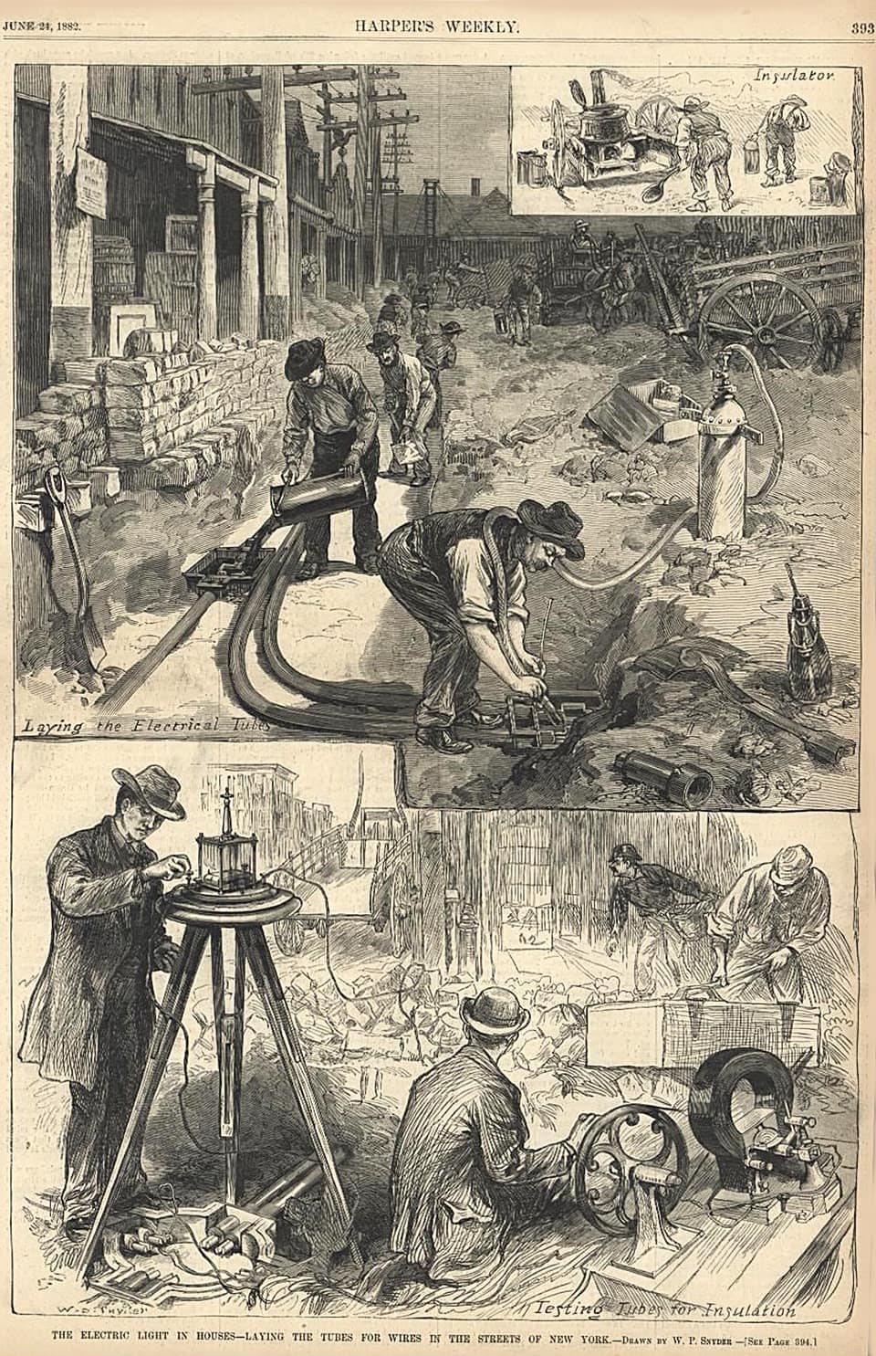 Une gravure en noir et blanc pleine page de Harper's Weekly, 24 juin 1882 : dans une rue de New York éventrée, des ouvriers en chapeau posent dans une tranchée de longs tubes de fer courbes et les raccordent à la main, tandis que d'autres chauffent un isolant sur un petit fourneau ; en bas, un homme en manteau teste un raccord avec un instrument posé sur un trépied, à côté d'une machine à manivelle.