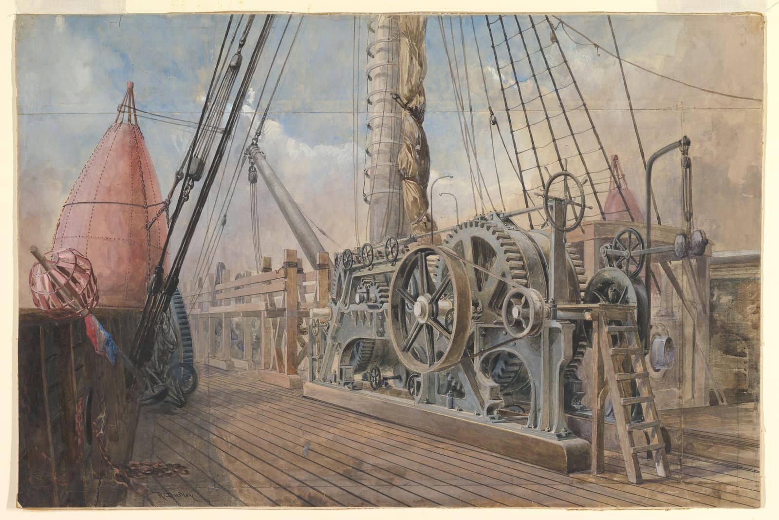 Une aquarelle du pont d'un grand navire à vapeur : sur de longues planches de bois se dresse une lourde machine de fer gris faite de roues dentées, de poulies et de tambours, une échelle appuyée contre elle ; à gauche, une grosse bouée rose et une cage ronde en fil de fer pendent près du bastingage, et derrière s'élèvent des mâts, des haubans et un ciel pâle et nuageux.