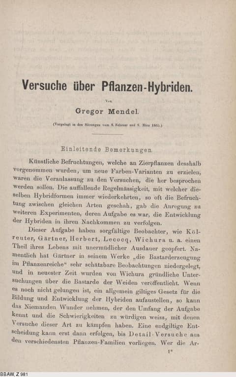 Une page imprimée en allemand, sur un papier grisâtre, dans les caractères des années 1860. En haut, en grandes lettres grasses : Versuche über Pflanzen-Hybriden, puis Von Gregor Mendel, et en petits caractères la mention d'une présentation aux séances du 8 février et du 8 mars 1865. Sous un court filet commencent les Remarques préliminaires, deux paragraphes de texte serré. Une cote de bibliothèque, BBAW Z 981, se lit en bas à gauche.